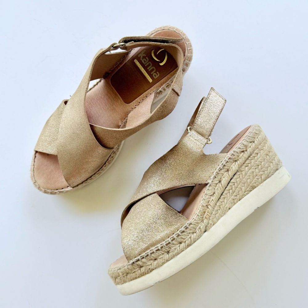 Kanna Gold Metallic Nubuck Suede Crossover Platform Wedge Espadrille Sandal 8